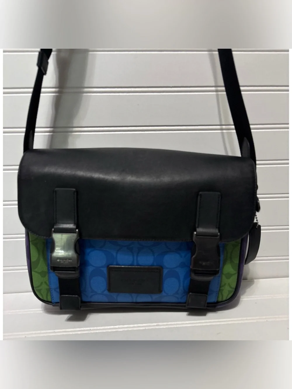 COACH Track 27 Blue Green Purple Blocked Signature Messenger Crossbody Mens Bag